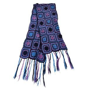 American Eagle Outfitter Hand Knitted Scarf Purple Blue Flowers Fringe Crocheted
